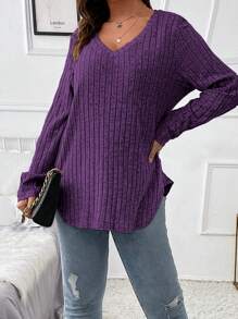 Plus Size Plain V-Neck Ribbed Long Sleeve T-Shirt Fall Cloth For Women - Purple - View 4