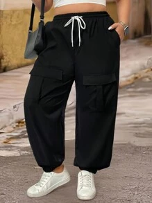 SHEIN LUNE Plus Size Women's Solid Color Black Front Tie Pocket Simple Casual Cargo Pants - Black - View 4