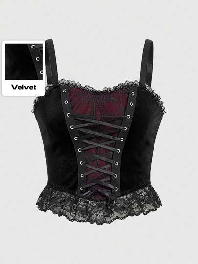 Goth Top De Cultivo Sexy Y Ceñido Para Mujer Con Encaje De Malla De Tela De Araña Gótico Y Terciopelo