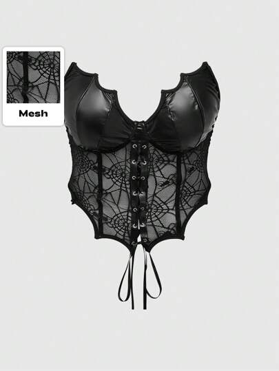 Goth Corset top gótico y sexy de PU en forma de murciélago con copa de busto, red de arañas empalmada, ribete de encaje y dobladillo con espina de pescado en talla grande