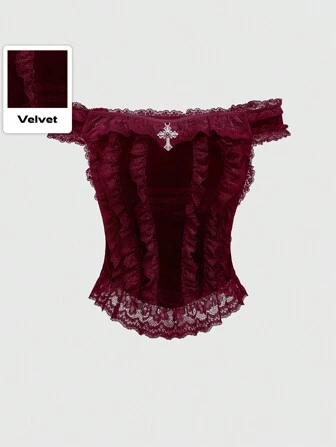 Goth Gothic Cross Accessory Lace Trimmed Off-Shoulder Women's Top