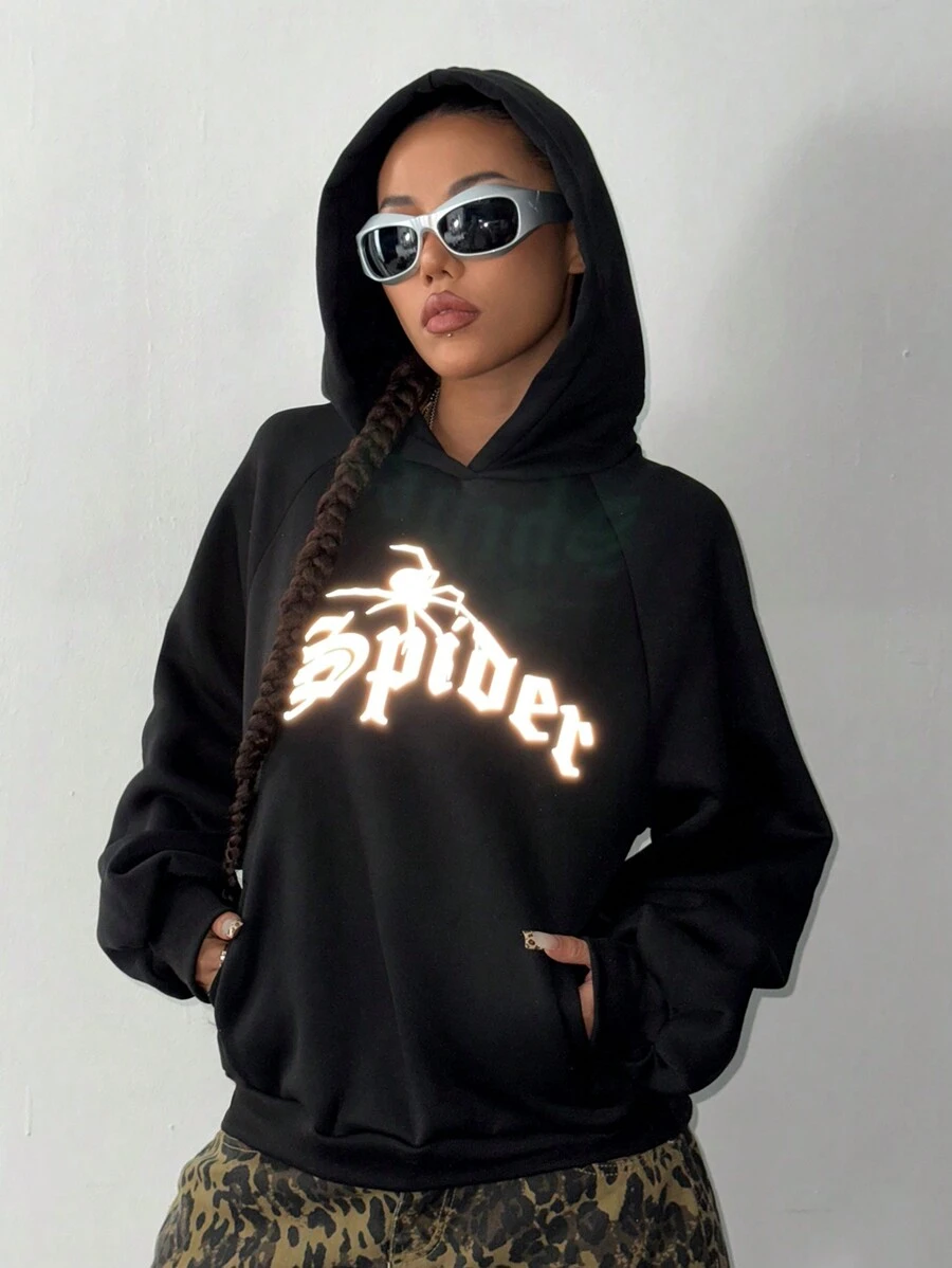 StreetHx 连帽蜘蛛反光印花羊毛袋口袋时尚运动衫 - 黑色 - 查看 1