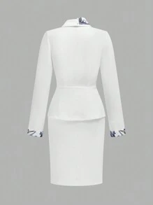 TaskEZ 女士花卉印花领长袖衬衫和铅笔裙办公室套装 - 白色 - 查看 2