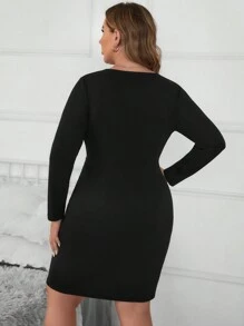 SHEIN Clasi Vestido de manga larga con cierre de cremallera de metal negro ajustado, atuendo de otoño para maestros de talla grande - Negro - Ver 2