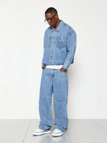 SUMWON Cropped Washed Long Sleeve Denim Shirt And Straight Fit Pant 2 Piece Set - Blue - View 1