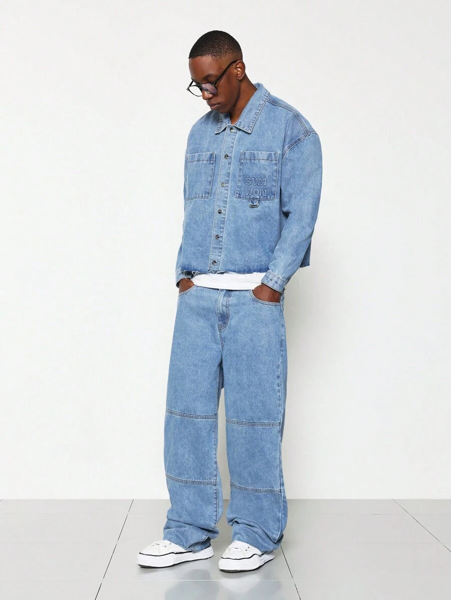 SUMWON Cropped Washed Long Sleeve Denim Shirt And Straight Fit Pant 2 Piece Set - Blue - View 1