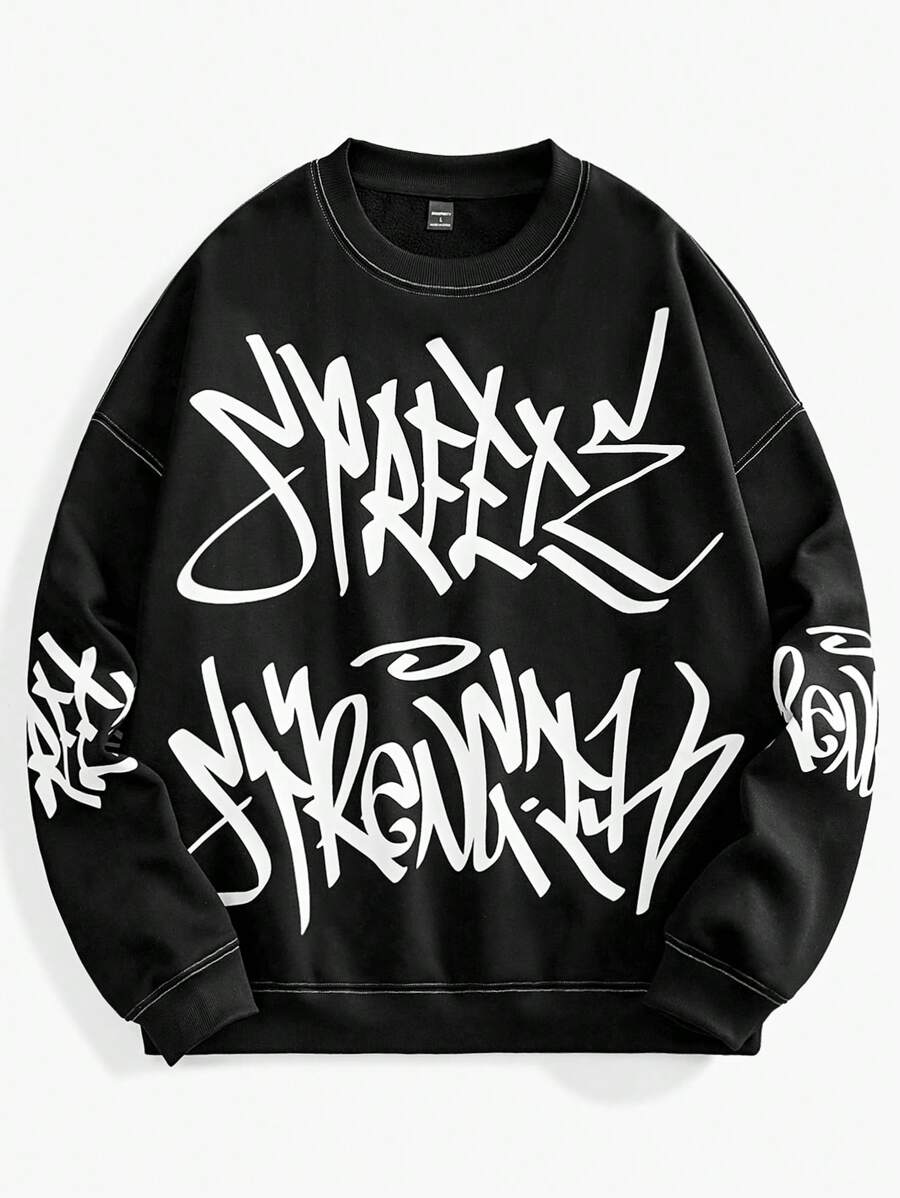 Manfinity VCAY Men's Loose Fit Round Neck Long Sleeve Letter Print Knit Sweatshirt, For Fall Winter - Black - View 1