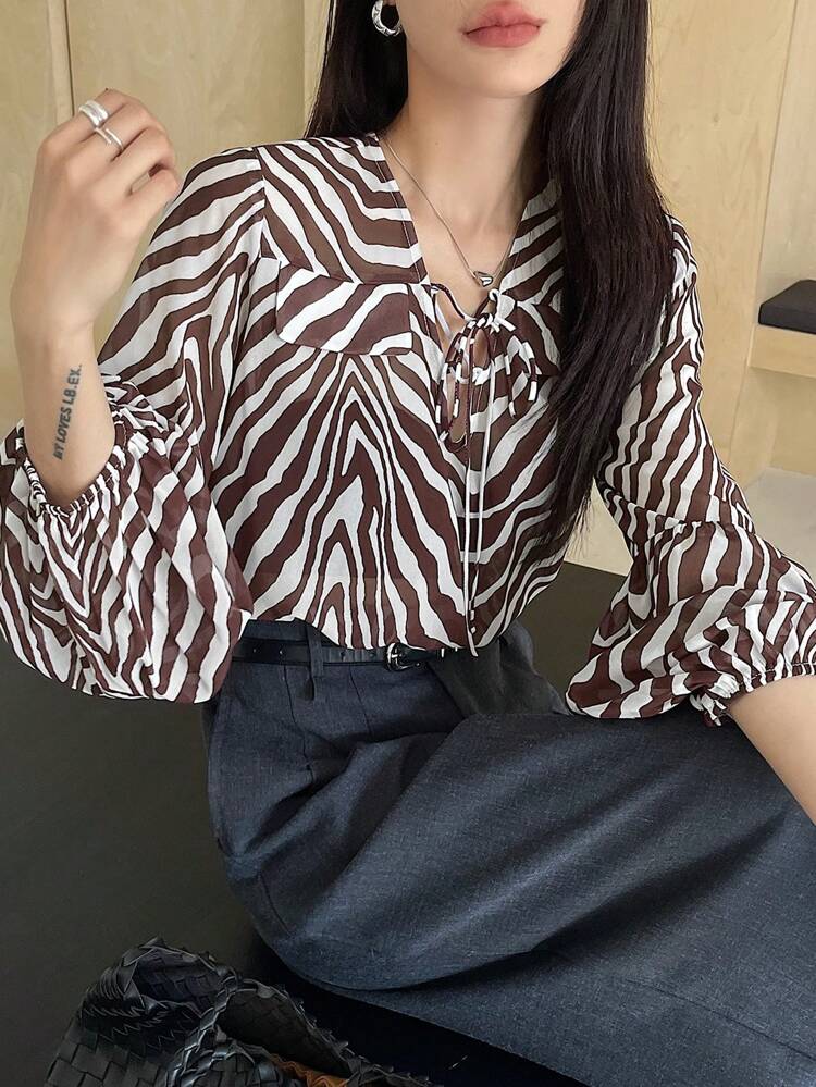 V-Neck Tie Up Striped Long Sleeve Casual Loose Shirt For Women,Ruffle,Fall Clothes