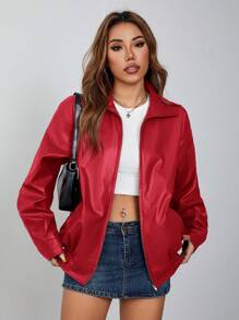 SHEIN ICON Drop Shoulder Zip Up Black PU Jacket - Red - View 1