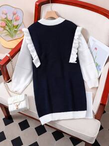 SHEIN Vestido de suéter de punto con cuello redondo y lazo, para otoño e invierno, para niña