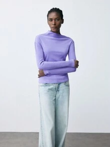 Maija Women's Autumn Purple Solid Color Long Sleeve Casual Rib Knit T-Shirt