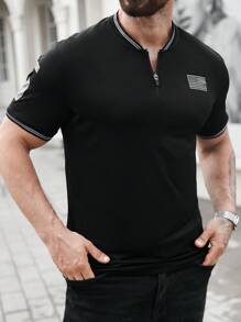 Manfinity Fitness Herren Poloshirt im Boyfriend-Stil mit gestreiftem Kurzarm und halber Reißverschlussleiste, Sportlich