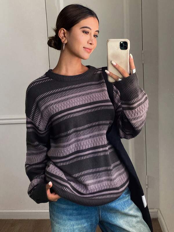 DAZY Suéter casual, suelto, de cuello redondo, de manga larga y con bloques de color a rayas para mujer, Tops de manga larga