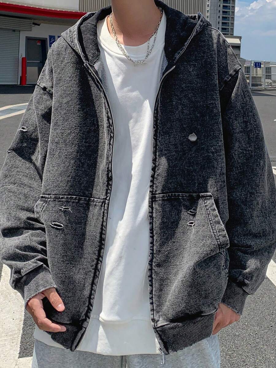 Manfinity Hypemode Áo khoác denim trùm đầu bằng vải nỉ màu xám dành cho nam - Màu xám đen - Xem 1