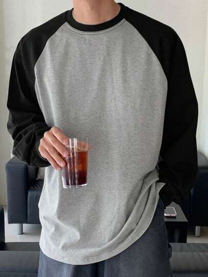 DAZY 男士秋季拼布撞色长袖T恤，适合秋季