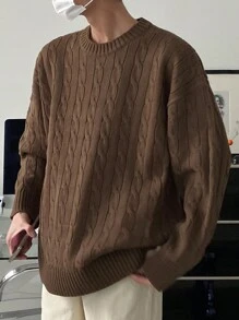 DAZY Men's Solid Color Round Neck Drop Shoulder Long Sleeve Casual Sweater, Autumn - Brown - View 2