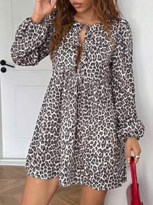 SHEIN EZwear Women's Tie Front Leopard Print Long Sleeve Short Casual Dress - Multicolor - View 4