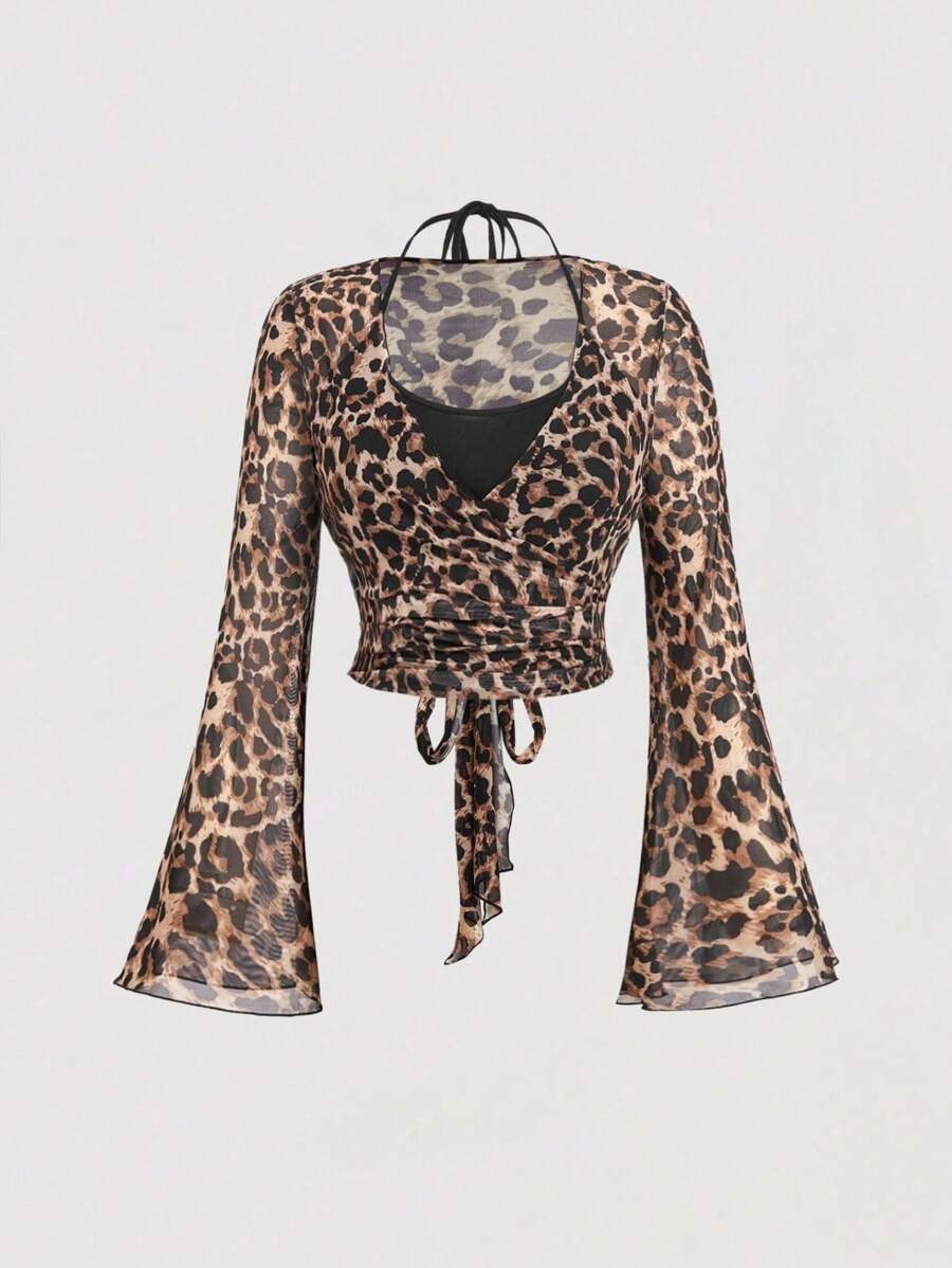 SHEIN MOD Plus Size Leopard Print Mesh Criss-Cross Wrap Top With Flare Sleeves,Leopard Top,Leopard Shirt,Leopard Costume,Long Sleeve Shirt, Costume,Fall Women Outfits - Multicolor - View 1