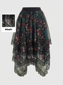 Inna Moreva 女士哥特式蘑菇印花分层不对称下摆薄纱重工业加大码裙子，黑色 - 彩色 - 查看 1