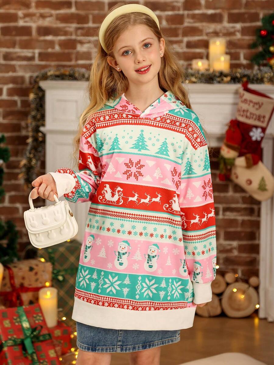 Tween Girl Autumn Christmas Tree & Snowman Print Drop Shoulder Hoodie - Multicolor - View 1