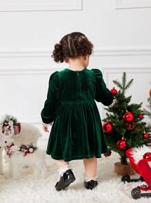 SHEIN Baby Girl Mother-Daughter Dresses, Vintage Elegant Velvet Lace Patchwork Sweetheart Neck Long Sleeve A-Line Smock Dress, Balloon Sleeve Ruffle Hem Party Dress For Holiday, For Christmas