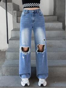 Teenage Girls' Casual Ripped Washed Straight Leg Jeans - Medium Wash - View 6