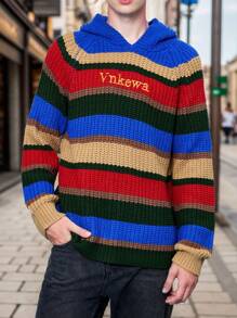 Manfinity Roghcode Áo len có mũ trùm đầu in chữ thiết kế sọc nam - Nhiều màu - Xem 3