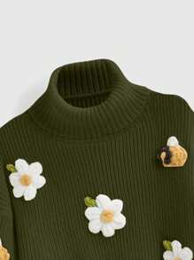 ROMWE Fairycore Maglione ampio da donna a maniche lunghe con collo alto e decorazione floreale adatto per l autunno/inverno - Multicolore - Visualizzare 3