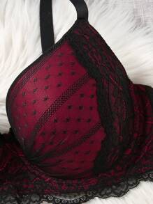 DesireSculpt 2 件套加大码女式撞色蕾丝简约钢圈文胸内衣，提升型