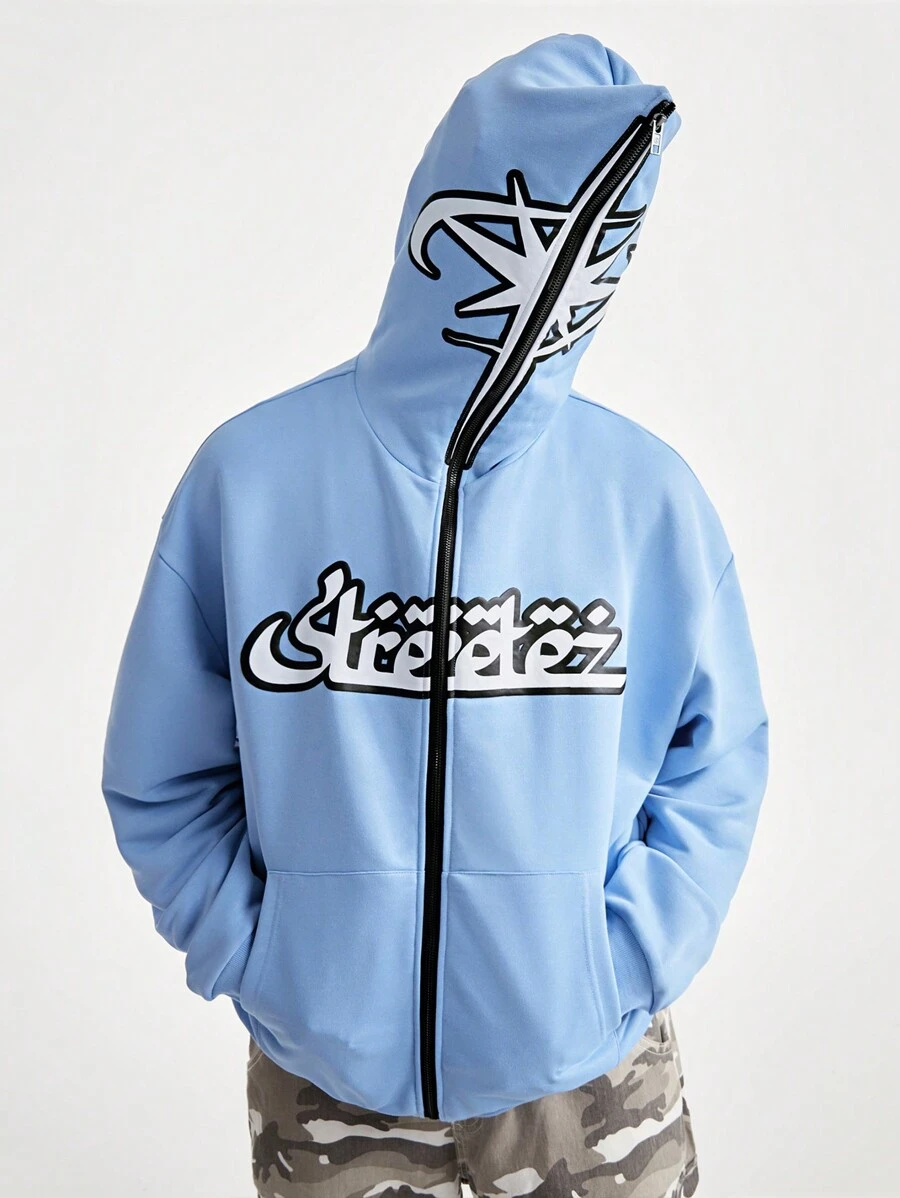 Manfinity NXTstreet Men's Casual Printed Zip-Up Hooded Sweatshirt, Autumn/Winter - Blue - View 1