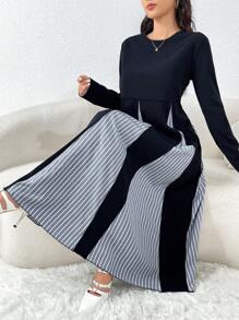 Mulvari 女式优雅拼色条纹印花长袖中长连衣裙 - 藍色 - 查看 4