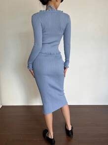 DAZY 2 件套女士纯色细肩带连衣裙和长袖休闲夹克套装，秋季服装女式毛衣 - 藍色 - 查看 6