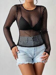 Allurite Hollow Out Fishnet Mesh Top Without Bra Fall Cloth For Women - Black - View 4