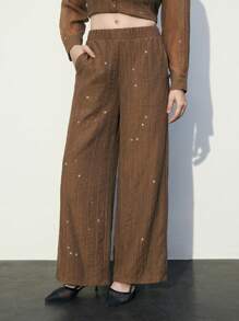 Maija Women Brown Solid Color Pocket Simple Casual Long Pants - Brown - View 3