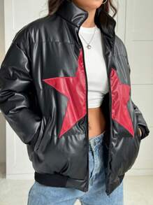 SHEIN EZwear 复古 PU 拼布万圣节棉服外套 - 黑色 - 查看 5