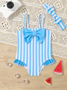 1 套女婴夏季海滩条纹印花蝴蝶结装饰吊带连体衣和头带 - 藍白色 - 查看 1