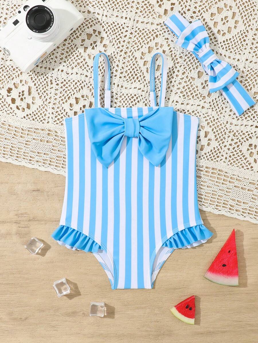 1 套女婴夏季海滩条纹印花蝴蝶结装饰吊带连体衣和头带 - 藍白色 - 查看 1
