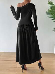 Chiquease Women Elegant Figure-Hugging Flared Asymmetrical Neck Bodycon Dress Fall Cloth For Women - Black - View 2