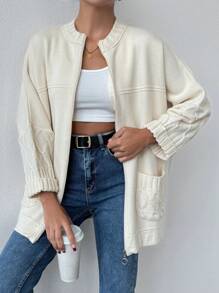 EURMUSE Áo thun nữ tay dài trơn có khóa kéo túi trước thường ngày - Màu be - Xem 5