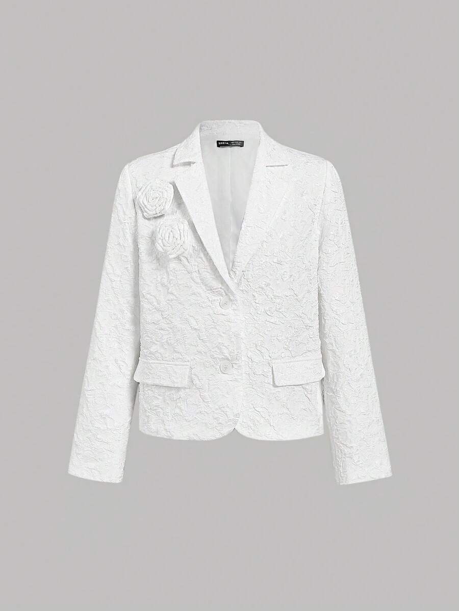 SHEIN MOD White Textured Fabric 3D Floral Women's Blazer Jacket, Warm Retro Style Winter Coat Women Blazers Women Costumes - White - View 1