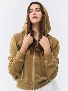 SHEIN EZwear Washed Zip Front Drawstring Thermal Hoodie - Khaki - View 6