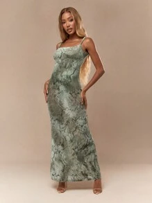MISSGUIDED Elegant Marble Pattern Maxi Dress For St. Patrick'S Day Celebration Irish-Themed Evening Party Special Occasion Floor Length Sleeveless Bodycon Formal Gown - Olive Green - View 1