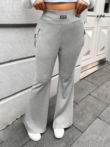 SHEIN EZwear Plus Size Women's Solid Color Pocket & Letter Print Simple Casual Pants