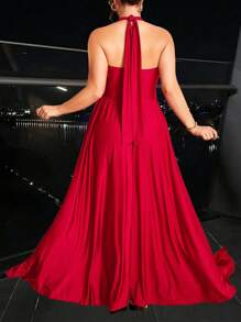 SHEIN Unity 大码女式夏季纯色吊带系带长裙，优雅新年服装长款女装 - 紅色 - 查看 3