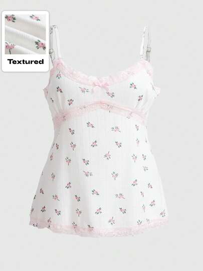 Kawaii Ditsy Floral Print Contrast Lace Cami Top, School