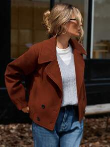 Aveloria 女士法式时尚复古风格褶皱袖口和下摆、翻领、双排扣短夹克、秋季服装 - 棕色 - 查看 1