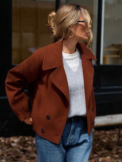 Aveloria 女士法式时尚复古风格褶皱袖口和下摆、翻领、双排扣短夹克、秋季服装