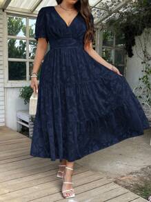 SHEIN Clasi 大码女式 V 领提花镂空优雅连衣裙长款女装 - 藍色 - 查看 1