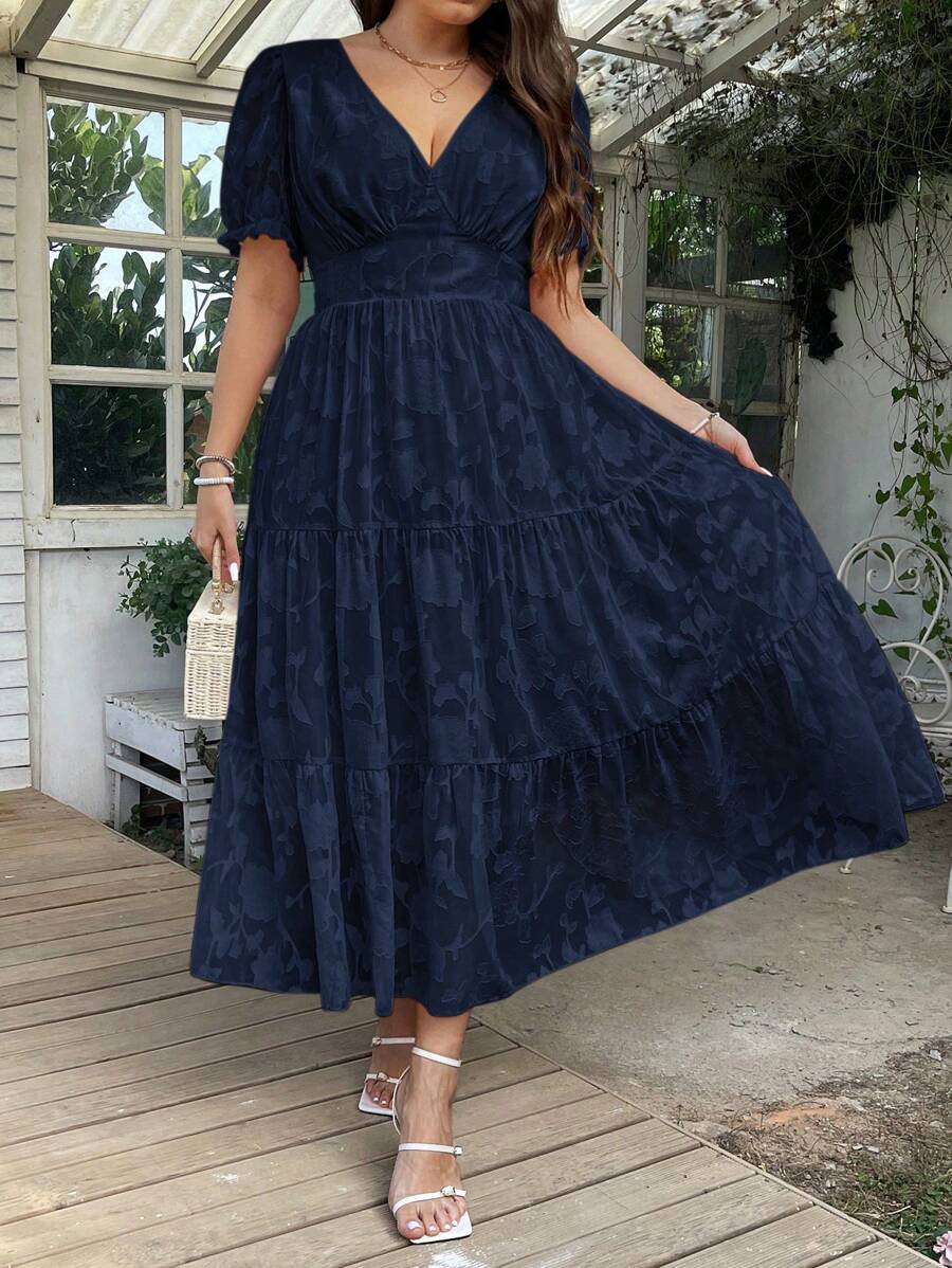 SHEIN Clasi 大码女式 V 领提花镂空优雅连衣裙长款女装 - 藍色 - 查看 1