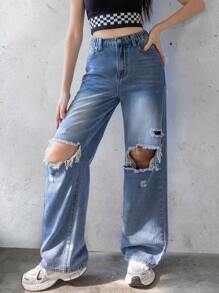 Teenage Girls' Casual Ripped Washed Straight Leg Jeans - Medium Wash - View 5